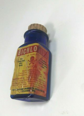 Antique Cobalt Bichloride Poison Bottle With Skull & Crossbones Paper Label