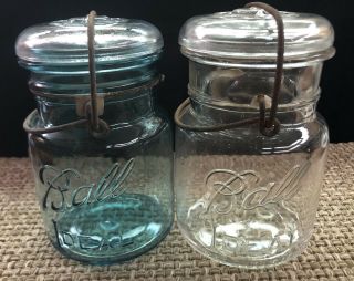 2 Vintage Ball Ideal Mason Blue & Clear Pint Canning Jars Glass Lids 4 7