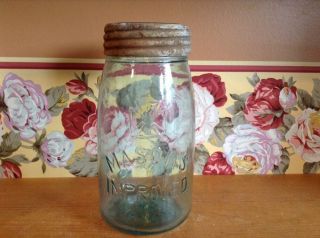 Antique Masons Improved Aqua Quart Canning Jar With Glass/zinc Lid