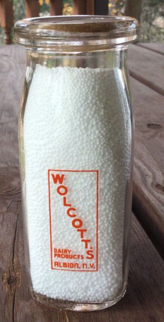 Vintage Orange Pyro Glass Half Pint Milk Bottle / Wolcott’s Dairy / Albion,  Ny