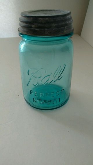 Ball Jar Perfect Mason 1923 - 1933 Aqua Blue Pint W/ Zinc Lid Vintage 21