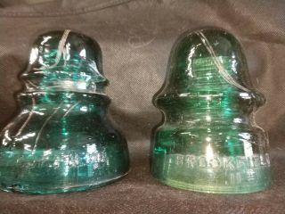 2 Brookfield Green Glass Insulators 1 - No.  36 & 1 - Unmarked
