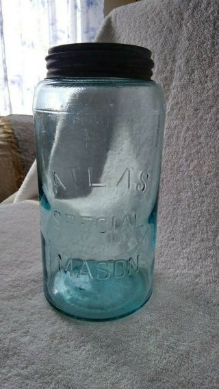 Antique 1/2 Gallon Atlas Special Mason Aqua Fruit Jar