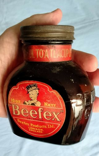 Antique Large Beefex 16 Oz Jar - Unusual With Paper Labels Still Intact