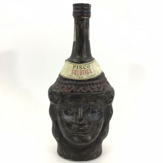 Inca Pisco Soldeica Lima Peru Liquor Bottle Empty Two Faces Tiki Bar Collectible