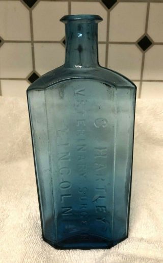 Vintage Blue Apothecary Bottle,  C.  Hartley,  Veterinary Surgeon,  Lincoln