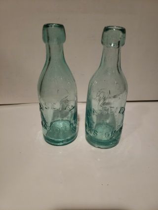 Seitz Bros - Easton Pa - Pair Or Blue Aqua Blob Top Bottles - Beer Or Soda