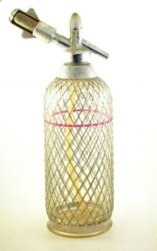 Vintage Metal Mesh Covered Glass Soda Siphon Seltzer Bottle Prop