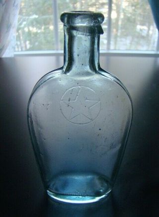 Antique Five Point Star Strap Sided Half Pint Whiskey Flask