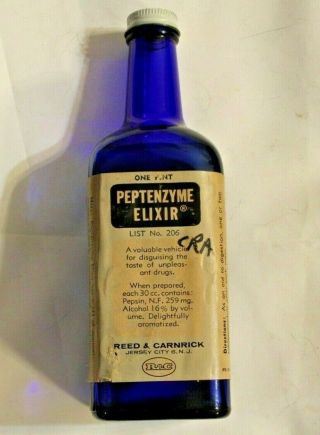 Vintage Cobalt Glass Reed & Carnrick Peptenzyme Elixr Bottle/label 8 3/4 " Tall