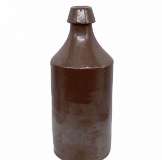 Antique Primitive Americana Brown Slip Stoneware Beer Bottle Blob Top 10.  25”h