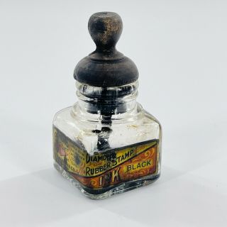 Diamond Black Ink Rubber Stamp Bottle W Turned Wood Stopper Antique