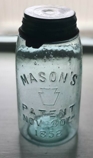 Mason’s Keystone Patent Nov.  30th 1858 36 Light Blue Quart Fruit Jar Zinc Lid