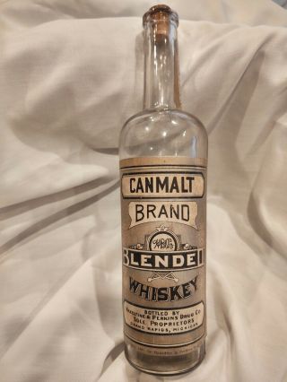 Antique Canmalt Whiskey Bottle With Paper Label,  Grand Rapids Mi