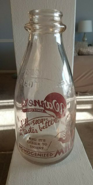 Warner ' s Dairy Red Lion,  PA Milk Bottle Painted Quart with Advertisement on Back 3