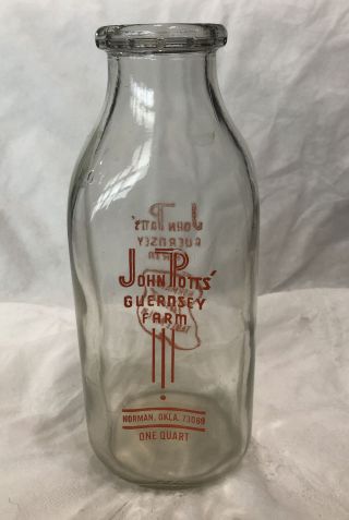 Vintage Glass Milk Bottle One Quart John Potts Guernsey Farm Norman Ok.  S/h