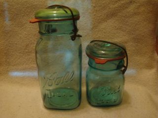Ball Ideal Aqua Square Quart & Pint Canning Fruit Jars 1923 - 33 Vintage
