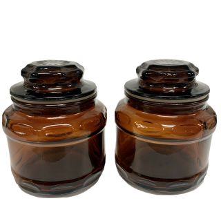 2 Dark Amber Brown Glass Apothecary Canister Spice Jar Starburst Lid Set 2