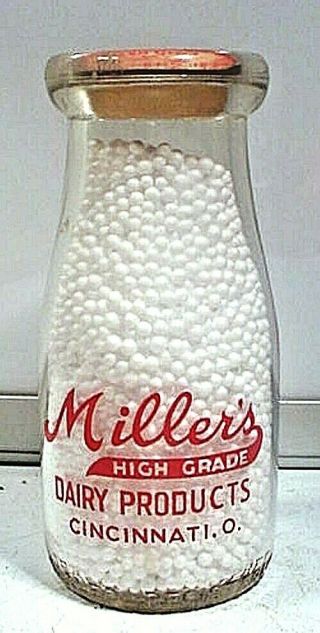 Miller`s Dairy Products Cincinnati,  Ohio Round 1/2 Pint Milk Bottle