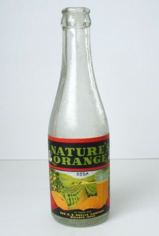 Vintage Nature’s Orange Soda Pop Bottle,  Wallace,  Id,  Paper Label,  Advertising