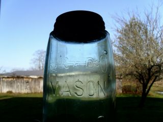 Vintage Red Over Key Mason Aqua Quart Fruit Jar No Damage