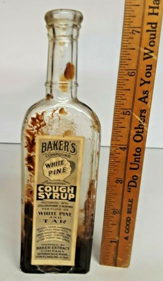 Vintage Bakers White Pine Cough Syrup With Label Springfield Mass.  1920 