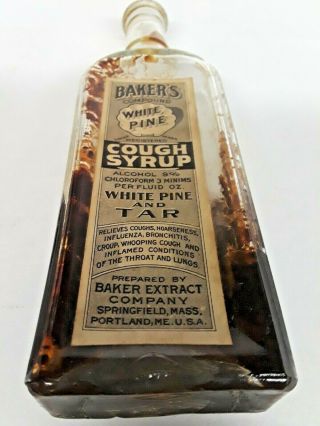 Vintage Bakers White Pine Cough Syrup with Label Springfield MASS.  1920 ' s 2