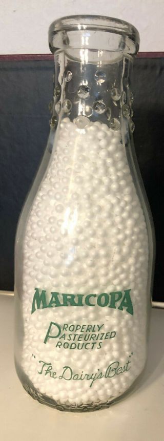 Maricopa Dairy Phoenix Arizona Round Green Pyro Quart Milk Bottle