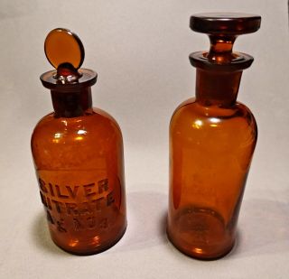 Vintage Brown Chemical Bottles W/ Glass Stoppers