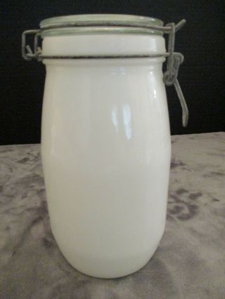 Vintage Milk Glass Large Jar Clear Lid With Bale Wire Clamp Closure 8 3/4 " Tall
