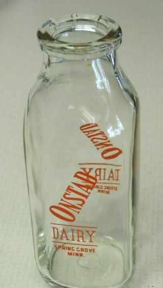 Rare Vintage Onstad Dairy Pint Milk Bottle Spring Grove Minn