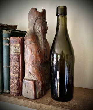 Antique 1870s 1880s Black Glass Ale Bottle 3 Piece Mold Tooled Top 9.  5”