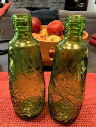2 Vintage Green Ripple Sculpted Bottles 4.  5 Pint 1970 