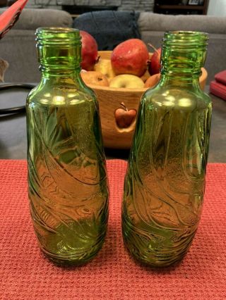 2 Vintage Green Ripple Sculpted Bottles 4.  5 Pint 1970 ' s 2