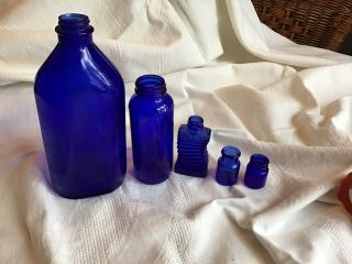 Antique Cobalt Blue Glass Bottles 5pc.  W/phillips Milk Of Magnesia 9 " Bottle