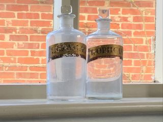 Two Large Antique Apothecary Bottles Chemist Glass Jars Pharmacy