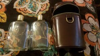 Vintage Double Liquor Flask In Leather Case Glass Bottles Drinking Barware.