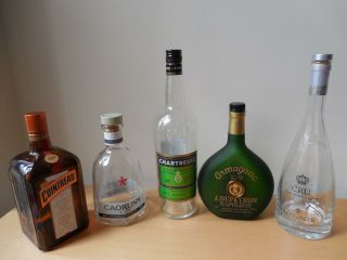 5 Empty,  Rare,  Spirit Bottles,  Decanters W Stoppers,  Upcycling Projects/collect