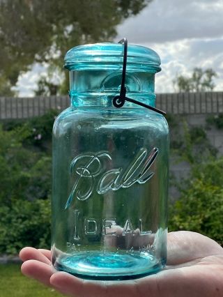 Vintage Ball Blue Ideal Mason Quart Canning Jar With Wire/glass Lid Antique1906