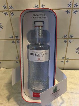 Empty The Botanist 70cl Etched Glass Gin Bottle With White Metal Herb Planter