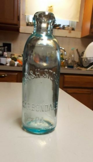 Antique Hutchinson Soda Bottle H R & H Stone Carbondale Pa Aqua Applied Top