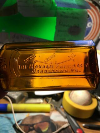Johnstown Pa Moxham Pharmacy Sweet Castor Oil Honey Amber Medicine Bottle