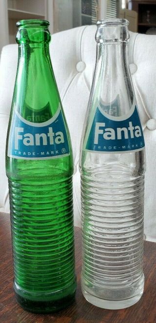 Vintage 10 Oz.  Emerald Green & Clear Fanta Soda Bottles By Coca Cola
