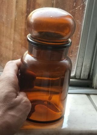 Vtg Amber/brown Apothecary Jar W/ Bubble Lid - Belgium