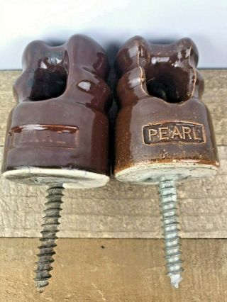2 Vintage Pearl 600 Power Electric Line Insulator W Screw Ceramic Brown Glazed