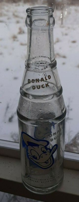 Vintage Donald Duck Beverages Empty Soda Pop Bottle Walt Disney Productions Blue