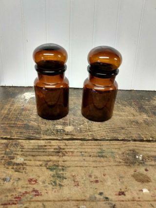 2 Vintage Amber Glass Apothecary Jars Bubble Lid Made In Belgium Small
