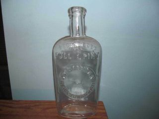 Whiskey Flask J.  W.  Hoffman Germantown,  N.  J.  1/2 Pt Emb Clear Glass