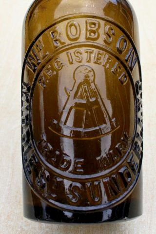 Vintage 1900s Wm Robson Sunderland Sextant Pict 1/2 Pint Amber Glass Beer Bottle