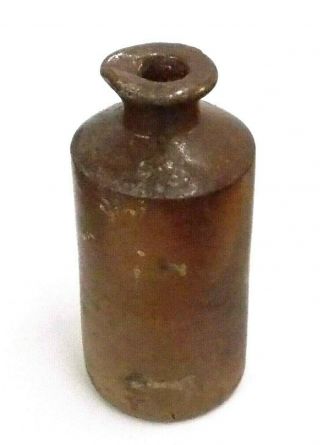 Antique 1800s Round Stoneware Crock Ink Bottle With Spout 4 5/8 Inches Tall